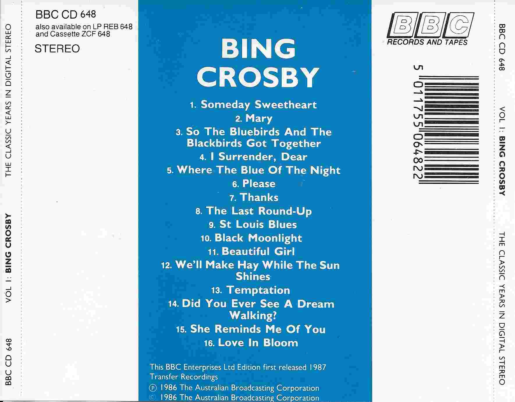 Picture of BBCCD648 Classic years - Volume 1, Bing Crosby by artist Bing Crosby from the BBC records and Tapes library